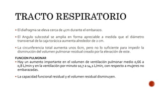  El diafragma se eleva cerca de 4cm durante el embarazo.
 El Angulo subcostal se amplia en forma apreciable a medida que el diámetro
transversal de la caja torácica aumenta alrededor de 2 cm.
 La circunferencia total aumenta unos 6cm, pero no lo suficiente para impedir la
disminución del volumen pulmonar residual creado por la elevación de este.
FUNCION PULMONAR
 Hay un aumento importante en el volumen de ventilación pulmonar medio 0,66 a
0,8 L/min y en la ventilación por minuto 10,7 a 14,1 L/min, con respecto a mujeres no
embarazadas.
 La capacidad funcional residual y el volumen residual disminuyen.
 