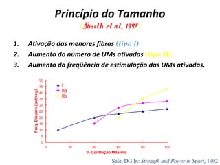 Princípio do Tamanho
(Smith et al., 1997)
1. Ativação das menores fibras (tipo I)
2. Aumento do número de UMs ativadas (tipo II).
3. Aumento da freqüência de estimulação das UMs ativadas.
0
5
10
15
20
25
30
35
40
45
50
0 20 40 60 80 100
% Contração Máxima
Freq.Disparo(pot/seg)
I
IIa
IIb
Sale, DG In: Strength and Power in Sport, 1992
 