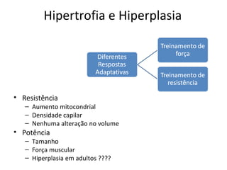 Hipertrofia e Hiperplasia
• Resistência
– Aumento mitocondrial
– Densidade capilar
– Nenhuma alteração no volume
• Potência
– Tamanho
– Força muscular
– Hiperplasia em adultos ????
 