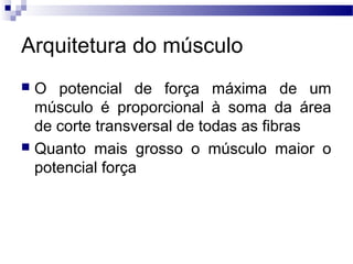 Arquitetura do músculo
 O potencial de força máxima de um
músculo é proporcional à soma da área
de corte transversal de todas as fibras
 Quanto mais grosso o músculo maior o
potencial força
 