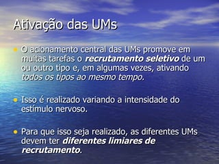 Ativação das UMs O acionamento central das UMs promove em muitas tarefas o  recrutamento seletivo  de um ou outro tipo e, em algumas vezes, ativando  todos os tipos ao mesmo tempo. Isso é realizado variando a intensidade do estímulo nervoso. Para que isso seja realizado, as diferentes UMs devem ter  diferentes limiares de recrutamento . 