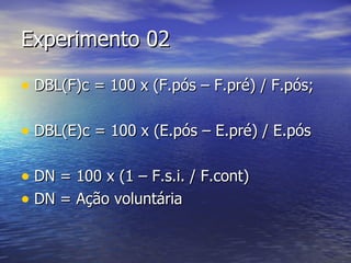 Experimento 02 DBL(F)c = 100 x (F.pós – F.pré) / F.pós; DBL(E)c = 100 x (E.pós – E.pré) / E.pós DN = 100 x (1 – F.s.i. / F.cont) DN = Ação voluntária 