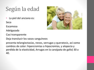 Según la edad
• La piel del anciano es:
Seca
Escamosa
Adelgazada
Casi transparente
Deja translucir los vasos sanguíneos
presenta telangiectasias, nevos, verrugas y queratosis, así como
cambios de color: hipercromías o hipocromías, y alopecia y
perdida de la elasticidad, Arrugas en la cara(pata de gallo) 30 a
40.
 