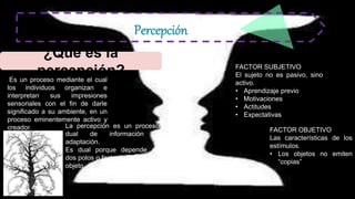 ¿Qué es la
percepción?
Percepción
Es un proceso mediante el cual
los individuos organizan e
interpretan sus impresiones
se...