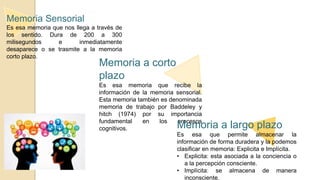 Memoria Sensorial
Es esa memoria que nos llega a través de
los sentido. Dura de 200 a 300
milisegundos e inmediatamente
de...