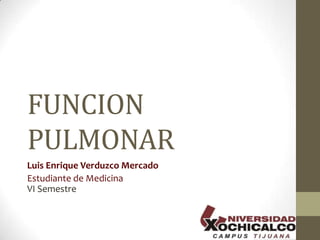 FUNCION
PULMONAR
Luis Enrique Verduzco Mercado
Estudiante de Medicina
VI Semestre
 