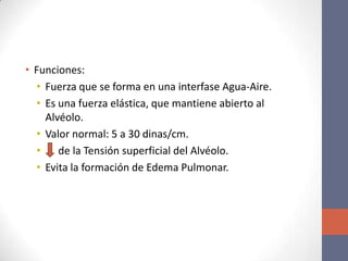 • Funciones:
  • Fuerza que se forma en una interfase Agua-Aire.
  • Es una fuerza elástica, que mantiene abierto al
    Alvéolo.
  • Valor normal: 5 a 30 dinas/cm.
  •    de la Tensión superficial del Alvéolo.
  • Evita la formación de Edema Pulmonar.
 