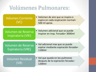 Volúmenes Pulmonares:
                      • Volúmen de aire que se inspira o
Volumen Corriente       espira en cada respiración normal=
      (VC)              500 ml aprox.

                      • Volumen adicional que se puede
Volumen de Reserva      inspirar en insp. Forzada= 3000ml
 Inspiratoria (VRI)

                      • Vol adicional max que se puede
Volumen de Reserva      espirar mediante espiración forzada=
 Espiratoria (VRE)      1100ml

                      • Vol que queda en los pulmones
 Volumen Residual       despues de la espiración forzada=
      (VR)              1200ml
 