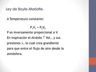 Ley de Boyle-Mariotte.

A Temperatura constante:

                P1V1 = P2V2
P es inversamente proporcional a V.
En inspiración el Alvéolo  Vol., y sus
presiones , lo cual crea grandiente
para que entre el flujo de aire desde la
atmósfera.
 