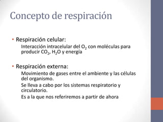 Concepto de respiración

• Respiración celular:
   Interacción intracelular del O2 con moléculas para
   producir CO2, H2O y energía

• Respiración externa:
   Movimiento de gases entre el ambiente y las células
   del organismo.
   Se lleva a cabo por los sistemas respiratorio y
   circulatorio.
   Es a la que nos referiremos a partir de ahora
 