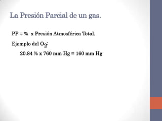 La Presión Parcial de un gas.

PP = % x Presión Atmosférica Total.

Ejemplo del O2:
   20.84 % x 760 mm Hg = 160 mm Hg
 