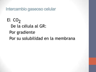 Intercambio gaseoso celular

El CO2
   De la célula al GR:
• Por gradiente
• Por su solubilidad en la membrana
 