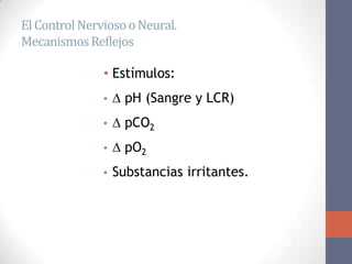 El Control Nervioso o Neural.
Mecanismos Reflejos

               • Estímulos:
               •    pH (Sangre y LCR)
               •    pCO2
               •    pO2
               •   Substancias irritantes.
 