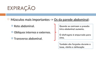 EXPIRAÇÃO
 Músculos mais importantes -> Os da parede abdominal:
 Reto abdominal.
 Oblíquos internos e externos.
 Transverso abdominal.
Quando se contraem a pressão
intra-abdominal aumenta.
O diafragma é empurrado para
cima.
Também são forçados durante a
tosse, vômito e defecação
 