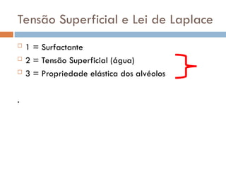 Tensão Superficial e Lei de Laplace
 1 = Surfactante
 2 = Tensão Superficial (água)
 3 = Propriedade elástica dos alvéolos
.
 