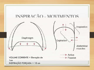 INSPIRAÇÃO - MOVIMENTOS
VOLUME CORRENTE = Elevação de
1cm
INSPIRAÇÃO FORÇADA = 10 cm
 