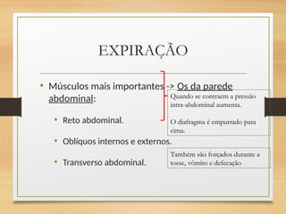 EXPIRAÇÃO
• Músculos mais importantes -> Os da parede
abdominal:
• Reto abdominal.
• Oblíquos internos e externos.
• Transverso abdominal.
Quando se contraem a pressão
intra-abdominal aumenta.
O diafragma é empurrado para
cima.
Também são forçados durante a
tosse, vômito e defecação
 