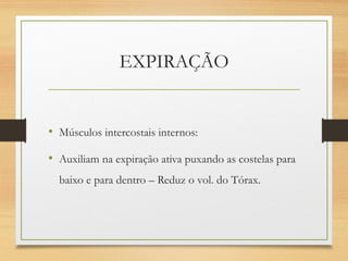 EXPIRAÇÃO
• Músculos intercostais internos:
• Auxiliam na expiração ativa puxando as costelas para
baixo e para dentro – Reduz o vol. do Tórax.
 