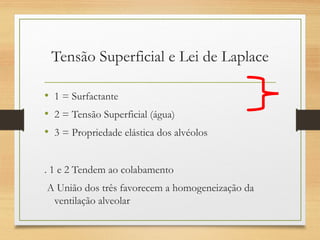 Tensão Superficial e Lei de Laplace
• 1 = Surfactante
• 2 = Tensão Superficial (água)
• 3 = Propriedade elástica dos alvéolos
. 1 e 2 Tendem ao colabamento
A União dos três favorecem a homogeneização da
ventilação alveolar
 