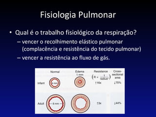 Fisiologia Pulmonar
• Qual é o trabalho fisiológico da respiração?
– vencer o recolhimento elástico pulmonar
(complacência e resistência do tecido pulmonar)
– vencer a resistência ao fluxo de gás.
 