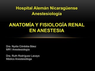 Hospital Alemán Nicaragüense
Anestesiología
ANATOMÍA Y FISIOLOGÍA RENAL
EN ANESTESIA
Dra. Nydia Córdoba Báez
MR1 Anestesiología
Dra. Ruth Rodríguez Lacayo
Médico Anestesióloga
 