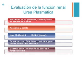 +
Evaluación de la función renal
Urea Plasmática
Metabolito de las proteínas, constituye 50%
de solutos de la orina
Accesible y barata
Urea 10-40mg/dL BUN 5-10mg/dL
Se valora como BUN (Blood Ureic Nitrogen)
que es el 50% urea existente
↑ aislada con Cr normal indica causa no
renal de uremia
 