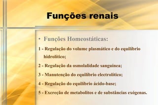 Funções renais

• Funções Homeostáticas:
1 - Regulação do volume plasmático e do equilíbrio
  hidrolítico;
2 - Regulação da osmolalidade sanguínea;
3 - Manutenção do equilíbrio electrolítico;
4 - Regulação do equilíbrio ácido-base;
5 - Excreção de metabolitos e de substâncias exógenas.
 