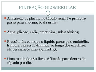 FILTRAÇÃO GLOMERULAR 
A filtração de plasma no túbulo renal é o primeiro 
passo para a formação da urina; 
Água, glicose, uréia, creatinina, subst tóxicas; 
Pressão: faz com que o líquido passe pelo endotélio. 
Embora a pressão diminua ao longo dos capilares, 
ela permanece alta (55 mmHg); 
Uma média de 180 litros é filtrado para dentro da 
cápsula por dia. 
 