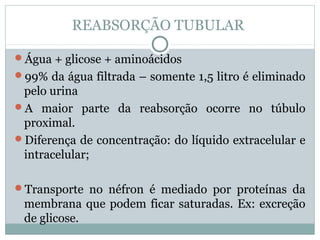 REABSORÇÃO TUBULAR 
Água + glicose + aminoácidos 
99% da água filtrada – somente 1,5 litro é eliminado 
pelo urina 
A maior parte da reabsorção ocorre no túbulo 
proximal. 
Diferença de concentração: do líquido extracelular e 
intracelular; 
Transporte no néfron é mediado por proteínas da 
membrana que podem ficar saturadas. Ex: excreção 
de glicose. 
 