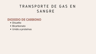 T R A N S P O R T E D E G A S E N
S A N G R E
DIOXIDO DE CARBONO
DIOXIDO DE CARBONO
Disuelto
Bicarbonato
Unido a proteínas
 