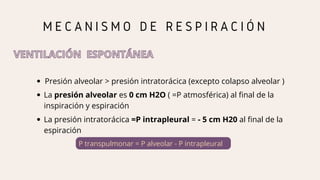 M E C A N I S M O D E R E S P I R A C I Ó N
VENTILACIÓN
VENTILACIÓN ESPONTÁNEA
ESPONTÁNEA
Presión alveolar > presión intratorácica (excepto colapso alveolar )
La presión alveolar es 0 cm H2O ( =P atmosférica) al final de la
inspiración y espiración
La presión intratorácica =P intrapleural = - 5 cm H20 al final de la
espiración
P transpulmonar = P alveolar - P intrapleural
 