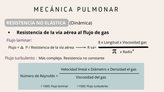 Flujo = P / Resistencia de la vía aérea
M E C Á N I C A P U L M O N A R
RESISTENCIA NO ELÁSTICA (Dinámica)
Resistencia de la vía aérea al flujo de gas
8 x Longitud x Viscosidad gas
R va=
x Radio
4
Más complejo. Resistencia no constante
Número de Reynolds =
Velocidad lineal x Diámetro x Densidad el gas
Viscosidad del gas
< 1000: Flujo laminar >1500: Flujo turbulento
 