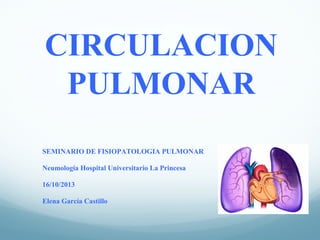 CIRCULACION
PULMONAR
SEMINARIO DE FISIOPATOLOGIA PULMONAR
Neumología Hospital Universitario La Princesa
16/10/2013
Elena García Castillo

 