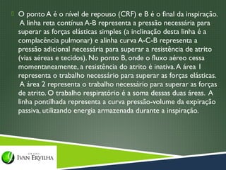  O ponto A é o nível de repouso (CRF) e B é o final da inspiração.
   A linha reta contínua A-B representa a pressão necessária para
  superar as forças elásticas simples (a inclinação desta linha é a
  complacência pulmonar) e alinha curva A-C-B representa a
  pressão adicional necessária para superar a resistência de atrito
  (vias aéreas e tecidos). No ponto B, onde o fluxo aéreo cessa
  momentaneamente, a resistência do atrito é inativa. A área 1
  representa o trabalho necessário para superar as forças elásticas.
   A área 2 representa o trabalho necessário para superar as forças
  de atrito. O trabalho respiratório é a soma dessas duas áreas. A
  linha pontilhada representa a curva pressão-volume da expiração
  passiva, utilizando energia armazenada durante a inspiração.
 