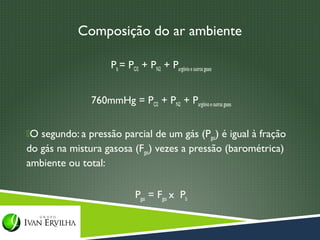 Composição do ar ambiente

                     Pb = PO2 + PN2 + Pargônio e outros gases


               760mmHg = PO2 + PN2 + Pargônio e outros gases


O segundo: a pressão parcial de um gás (Pgas) é igual à fração
do gás na mistura gasosa (Fgas) vezes a pressão (barométrica)
ambiente ou total:

                              Pgas = Fgas x Pb
 