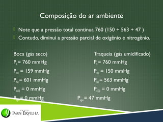Composição do ar ambiente
 Note que a pressão total continua 760 (150 + 563 + 47 )
 Contudo, diminui a pressão parcial de oxigênio e nitrogênio.


Boca (gás seco)                     Traqueia (gás umidificado)
Pb = 760 mmHg                       Pb = 760 mmHg
PO2 = 159 mmHg                      PO2 = 150 mmHg
PN2 = 601 mmHg                      PN2 = 563 mmHg
PCO2 = 0 mmHg                       PCO2 = 0 mmHg
Pagua = 0 mmHg               Pagua = 47 mmHg
 