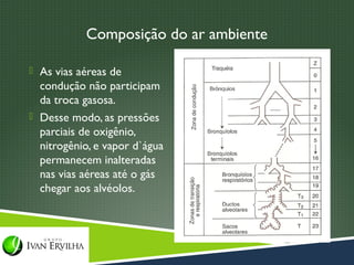 Composição do ar ambiente

 As vias aéreas de
  condução não participam
  da troca gasosa.
 Desse modo, as pressões
  parciais de oxigênio,
  nitrogênio, e vapor d`água
  permanecem inalteradas
  nas vias aéreas até o gás
  chegar aos alvéolos.
 