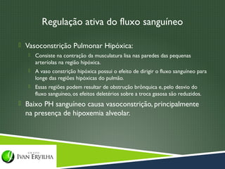 Regulação ativa do fluxo sanguíneo

 Vasoconstrição Pulmonar Hipóxica:
      Consiste na contração da musculatura lisa nas paredes das pequenas
       arteríolas na região hipóxica.
      A vaso constrição hipóxica possui o efeito de dirigir o fluxo sanguíneo para
       longe das regiões hipóxicas do pulmão.
      Essas regiões podem resultar de obstrução brônquica e, pelo desvio do
       fluxo sanguíneo, os efeitos deletérios sobre a troca gasosa são reduzidos.
 Baixo PH sanguíneo causa vasoconstrição, principalmente
  na presença de hipoxemia alveolar.
 