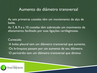Aumento do diâmetro transversal

As seis primeiras costelas têm um moviemento de alça de
balde.
As 7, 8, 9 e a 10 costelas têm sobretudo um movimento de
afastamento, facilitado por suas ligações cartilaginosas.

Conteúdo
A bolsa pleural tem um diâmetro transversal que aumenta.
Os brônquios passam por um aumento de seu diâmetro.
O pericárdio tem um diâmetro transversal que diminui.
 