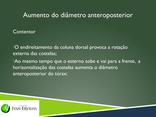 Aumento do diâmetro anteroposterior

Contentor

O endireitamento da coluna dorsal provoca a rotação
externa das costelas;
Ao mesmo tempo que o esterno sobe e vai para a frente, a
horizontalização das costelas aumenta o diâmetro
anteroposterior do tórax;
 