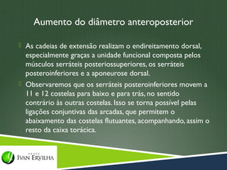 Aumento do diâmetro anteroposterior

 As cadeias de extensão realizam o endireitamento dorsal,
  especialmente graças a unidade funcional composta pelos
  músculos serráteis posteriossuperiores, os serráteis
  posteroinferiores e a aponeurose dorsal.
 Observaremos que os serráteis posteroinferiores movem a
  11 e 12 costelas para baixo e para trás, no sentido
  contrário às outras costelas. Isso se torna possível pelas
  ligações conjuntivas das arcadas, que permitem o
  abaixamento das costelas flutuantes, acompanhando, assim o
  resto da caixa torácica.
 