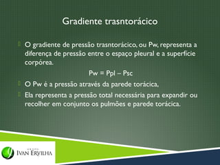 Gradiente trasntorácico

 O gradiente de pressão trasntorácico, ou Pw, representa a
  diferença de pressão entre o espaço pleural e a superfície
  corpórea.
                        Pw = Ppl – Psc
 O Pw é a pressão através da parede torácica,
 Ela representa a pressão total necessária para expandir ou
  recolher em conjunto os pulmões e parede torácica.
 