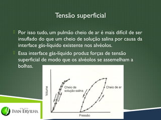 Tensão superficial

 Por isso tudo, um pulmão cheio de ar é mais difícil de ser
  insuflado do que um cheio de solução salina por causa da
  interface gás-líquido existente nos alvéolos.
 Essa interface gás-líquido produz forças de tensão
  superficial de modo que os alvéolos se assemelham a
  bolhas.
 