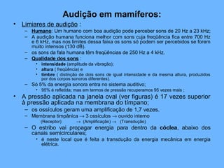 Audição em mamíferos:
• Limiares de audição :
– Humano: Um humano com boa audição pode perceber sons de 20 Hz a 23 kHz;
– A audição humana funciona melhor com sons cuja freqüência fica entre 700 Hz
e 6 kHz, mas nos limites dessa faixa os sons só podem ser percebidos se forem
muito intensos (130 dB).
– os sons da fala humana têm freqüências de 250 Hz a 4 kHz.
– Qualidade dos sons :
• intensidade (amplitude da vibração);
• altura ( freqüência) e
• timbre ( distinção de dois sons de igual intensidade e da mesma altura, produzidos
por dos corpos sonoros diferentes).
– Só 5% da energia sonora entra no sistema auditivo;
• 95% é refletida; mas em termos de pressão recuperamos 95 vezes mais ;
• A pressão aplicada na janela oval (ver figuras) é 17 vezes superior
à pressão aplicada na membrana do tímpano;
– os ossículos geram uma amplificação de 1,7 vezes.
– Membrana timpânica → 3 ossículos → ouvido interno
(Receptor) → (Amplificação) → (Transdução)
– O estribo vai propagar energia para dentro da cóclea, abaixo dos
canais semicirculares;
• é neste local que é feita a transdução da energia mecânica em energia
elétrica.
 