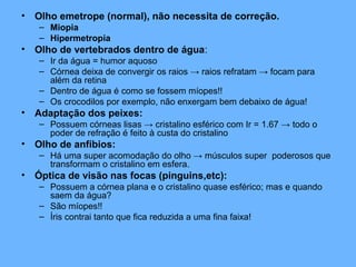 • Olho emetrope (normal), não necessita de correção.
– Miopia
– Hipermetropia
• Olho de vertebrados dentro de água:
– Ir da água = humor aquoso
– Córnea deixa de convergir os raios → raios refratam → focam para
além da retina
– Dentro de água é como se fossem míopes!!
– Os crocodilos por exemplo, não enxergam bem debaixo de água!
• Adaptação dos peixes:
– Possuem córneas lisas → cristalino esférico com Ir = 1.67 → todo o
poder de refração é feito à custa do cristalino
• Olho de anfíbios:
– Há uma super acomodação do olho → músculos super poderosos que
transformam o cristalino em esfera.
• Óptica de visão nas focas (pinguins,etc):
– Possuem a córnea plana e o cristalino quase esférico; mas e quando
saem da água?
– São míopes!!
– Íris contrai tanto que fica reduzida a uma fina faixa!
 