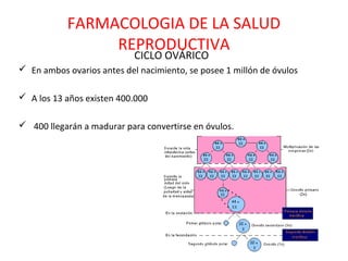 FARMACOLOGIA DE LA SALUD
                REPRODUCTIVA
                            CICLO OVÁRICO
 En ambos ovarios antes del nacimiento, se posee 1 millón de óvulos

 A los 13 años existen 400.000

 400 llegarán a madurar para convertirse en óvulos.
 