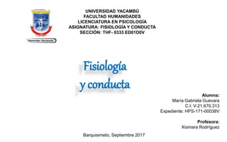 UNIVERSIDAD YACAMBÚ
FACULTAD HUMANIDADES
LICENCIATURA EN PSICOLOGÍA
ASIGNATURA: FISIOLOGÍA Y CONDUCTA
SECCIÓN: THF- 0333 ED01D0V
Alumna:
María Gabriela Guevara
C.I: V-21.670.313
Expediente: HPS-171-00038V
Profesora:
Xiomara Rodríguez
Barquisimeto, Septiembre 2017
Fisiología
y conducta
 