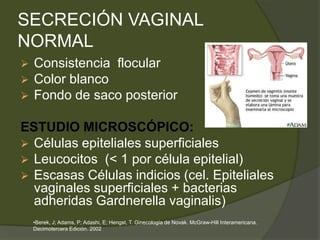 SECRECIÓN VAGINAL
NORMAL
 Consistencia flocular
 Color blanco
 Fondo de saco posterior


ESTUDIO MICROSCÓPICO:
 Células epiteliales superficiales
 Leucocitos (< 1 por célula epitelial)
 Escasas Células indicios (cel. Epiteliales
  vaginales superficiales + bacterias
  adheridas Gardnerella vaginalis)
    •Berek, J; Adams, P; Adashi, E; Hengst, T. Ginecología de Novak. McGraw-Hill Interamericana.
    Decimotercera Edición. 2002
 