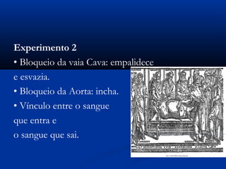 Experimento 2
• Bloqueio da vaia Cava: empalidece
e esvazia.
• Bloqueio da Aorta: incha.
• Vínculo entre o sangue
que entra e
o sangue que sai.
 