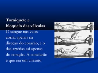 Torniquete e
bloqueio das válvulas
O sangue nas veias
corria apenas na
direção do coração, e o
das artérias sai apenas
do coração. A conclusão
é que era um circuito
 
